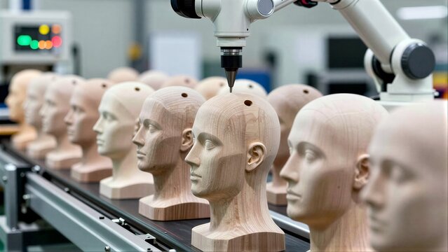 Robot arm drills wooden mannequin heads on an assembly line.