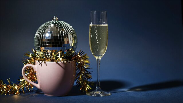 Disco ball, champagne glass, and tinsel in a pink mug on dark blue background.
