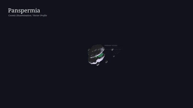 Scientific animation of panspermia and cosmic dissemination depicting a carbonaceous chondrite asteroid opening an equatorial fissure to release extremophile spores