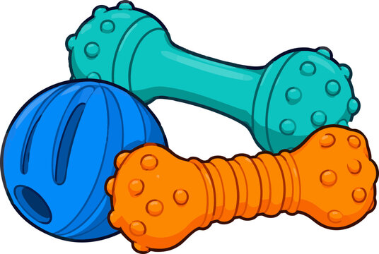 Colorful dog toys including squeaky bone and ball in orange, blue, and teal, isolated on transparent background