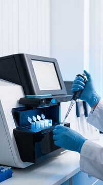 Scientist Using Pipette in Modern Biotechnology Laboratory with PCR Machine