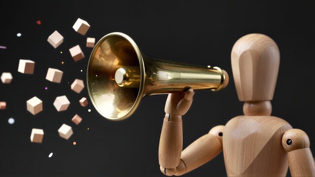 Wooden figure shouts through golden megaphone, scattering cubes in vibrant display.