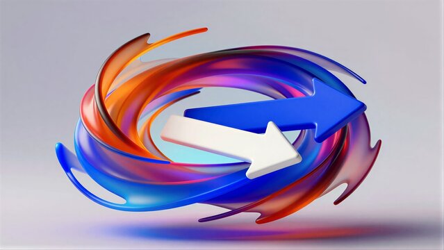 Vibrant swirling arrows in blue, white, and orange convey dynamic motion against a soft gray background.
