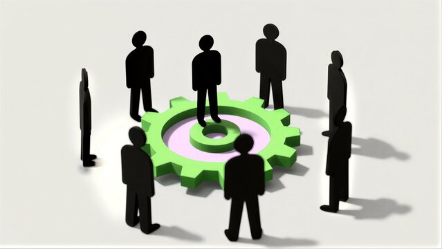 Silhouetted figures surround a large green gear, symbolizing teamwork and machinery.