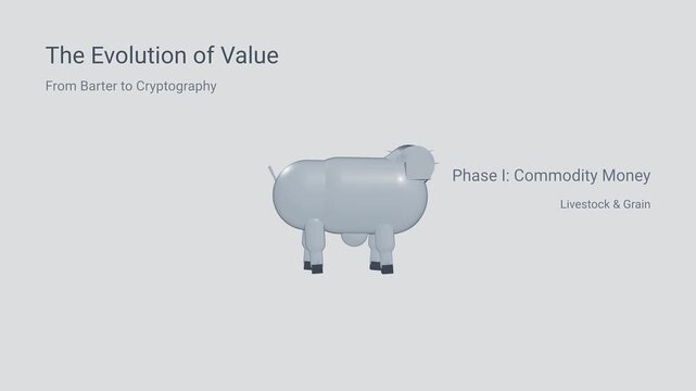 3D animation illustrating the evolution of money from commodity and livestock barter to cowrie shells precious metal coins fiat paper currency and digital cryptography