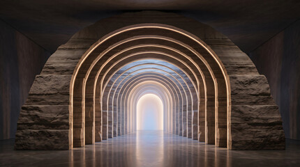 Fototapeta premium Sleek architectural tunnel with rough-hewn stone arches illuminated by soft glowing light, leading to a bright, ethereal destination.