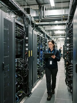 Female technician monitoring server racks in a data center