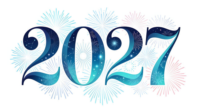 Blue gradient number twenty twenty seven festive starry celebration background fireworks light display. Suitable for new years eve party invitations or event promotions.