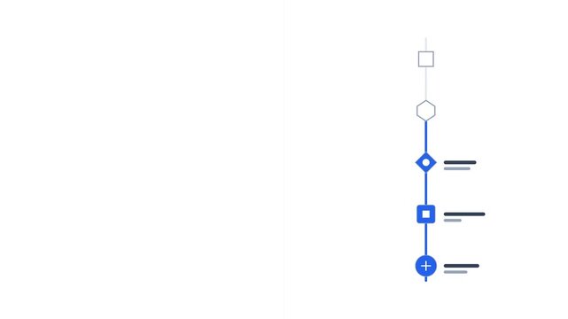 Modern animated vertical timeline infographic with blue geometric icons and text placeholders on white
