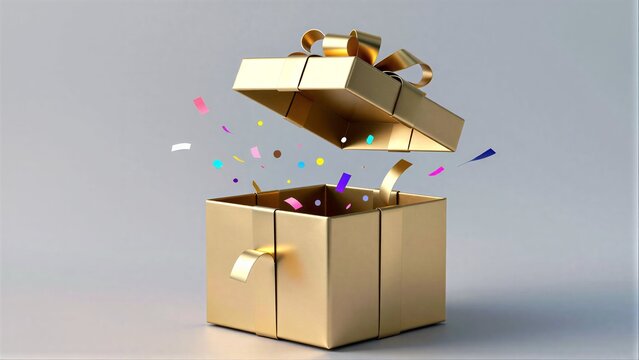 Golden gift box opens, confetti bursts out in celebration of surprise and joy.