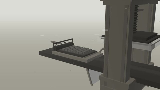 3D animation of a vintage Gutenberg printing press in action showing the historical process of printing with movable type and paper