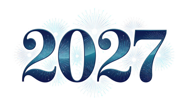 Blue sparkling number two zero two seven on white background, perfect for festive designs or new years themed projects.