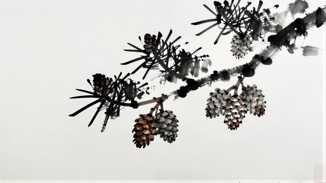 Ink painting of pine branch with cones, minimalist style on white background.