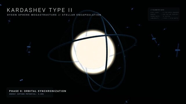 Futuristic 3D animation of a Dyson sphere megastructure encapsulating a star for complete energy harvest illustrating Kardashev type two civilization concept