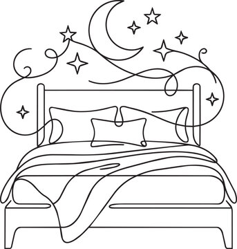 Single continuous line of a comfortable bed with pillows and a blanket under a crescent moon and twinkling stars on white background