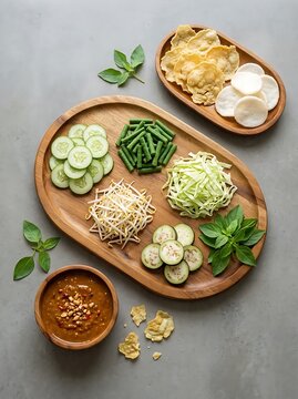 Karedok Raw Vegetable Ingredients with Peanut Sauce, Cucumber, Green Beans, Cabbage, Bean Sprouts and Eggplant Arranged on a Wooden Tray