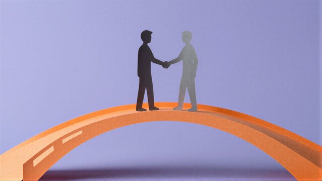 Two figures shake hands atop a bridge, symbolizing connection and partnership.