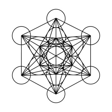 A precise Metatron's Cube sacred geometry design with interlocking circles, hexagons, and triangles in thin black lines, isolated on white. Sacred geometry symbol concept