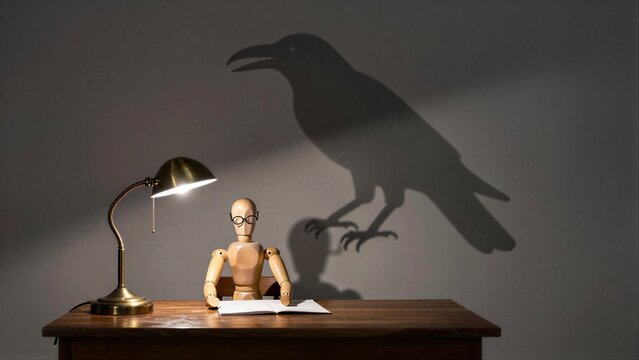 Wooden figure reads under lamp, shadow of crow looms ominously behind.