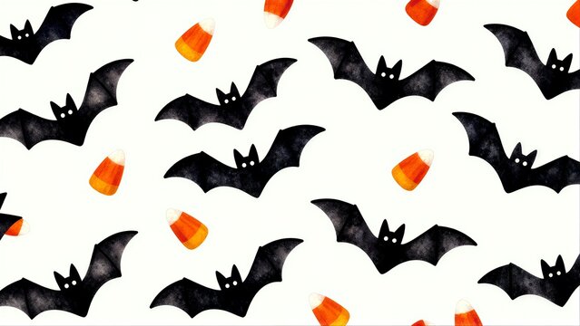 Black bats and candy corn scattered on a white background for Halloween fun.
