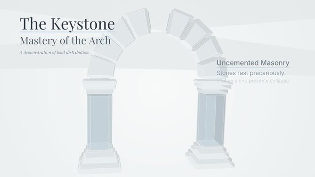 Educational 3D animation demonstrating the keystone mastery of the arch, illustrating uncemented masonry load distribution, central voussoir final placement, and downward force redirection
