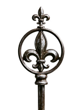 Metallic key with ornate fleur-de-lis design.