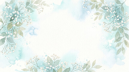 Fototapeta premium Watercolor floral frame with delicate white babys breath flowers and soft green leaves on a light blue painted background