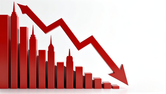 Red arrow points down over city skyline, symbolizing economic decline.