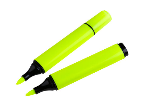 Two neon green highlighters lie diagonally on a white background.