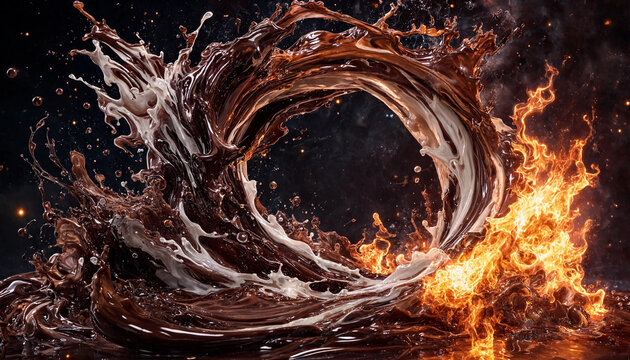 Abstract chocolate splash with fire and flames on black background