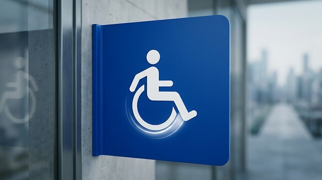 Blue wheelchair accessibility sign on building wall