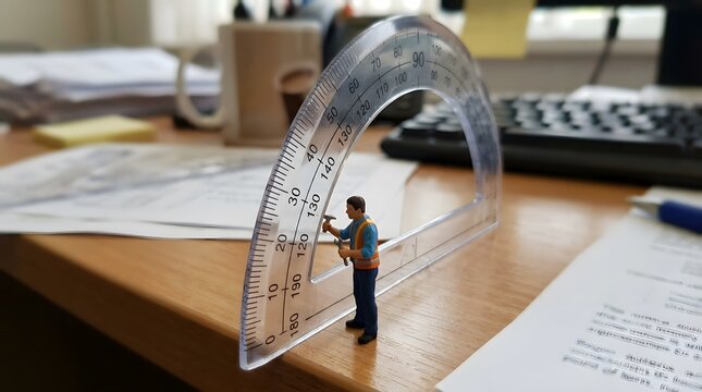 Small Worker Figurine Behind Transparent Protractor on Desk