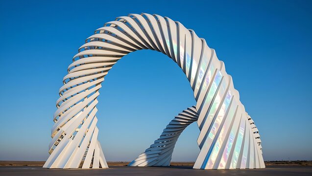 A large, white, twisting architectural sculpture creates an open archway and a sinuous path under a wide, clear blue sky.