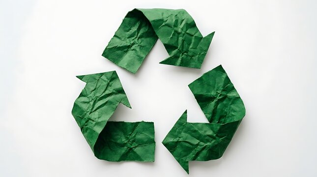 Green crumpled paper recycling symbol on white background