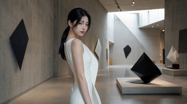 現代美術館で佇む白いドレスの女性