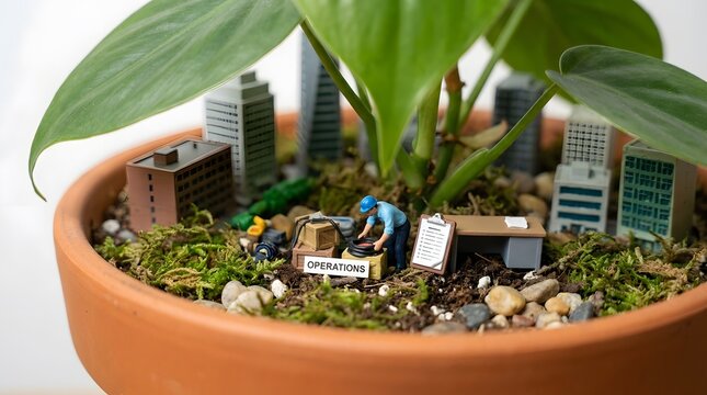 Miniature Construction Scene in Potted Plant Urban Garden