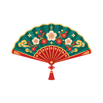Green and red Chinese folding fan decorated with golden plum blossoms and tassel for Spring Festival