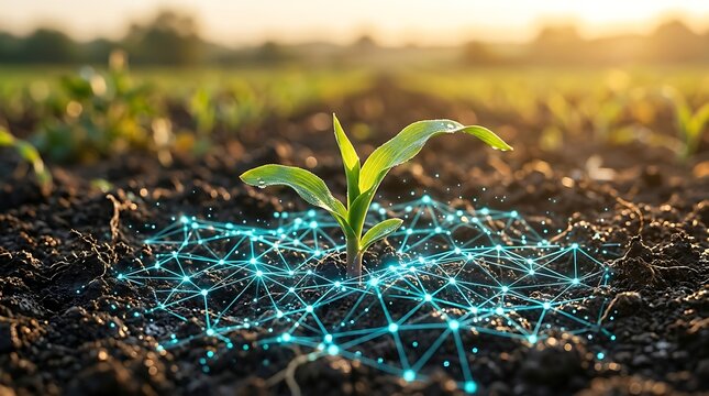 Green sprout growing in soil with digital connection network