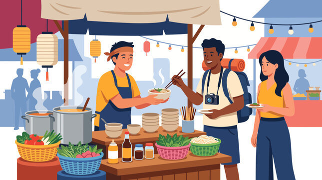 Street food vendor serving delicious noodles to happy tourists at a lively outdoor market.