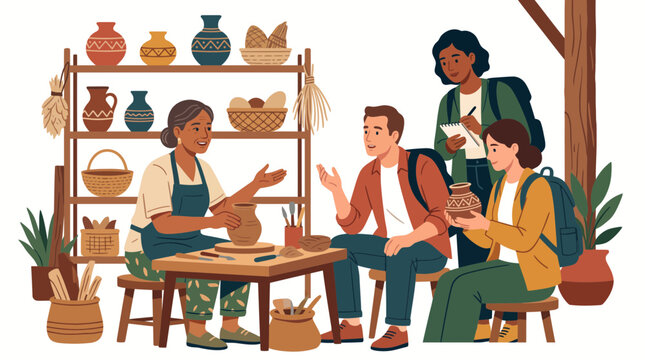 A friendly potter teaching a group of students how to make clay ceramics in a workshop.