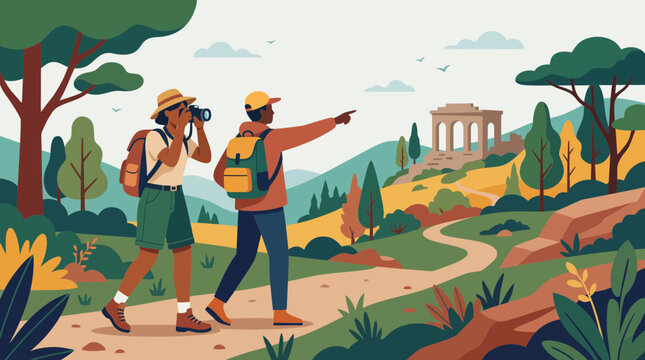 Two hikers exploring a scenic landscape with ancient ruins in the distance.