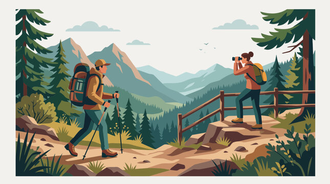 Two hikers exploring a scenic mountain trail with backpacks and binoculars in a beautiful forest landscape illustration.