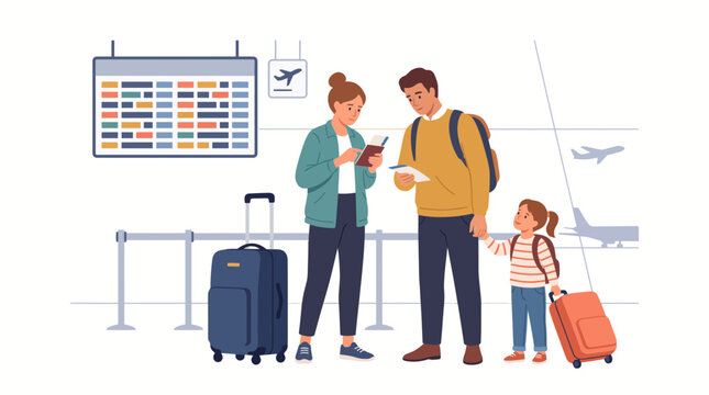 A family of three standing in an airport terminal with luggage waiting for their flight.