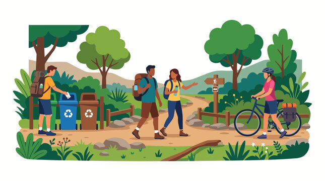 People enjoying outdoor activities and recycling waste in a beautiful natural park setting.