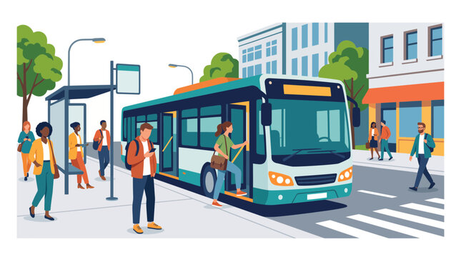 People waiting for and boarding a modern city bus at a public transportation stop.