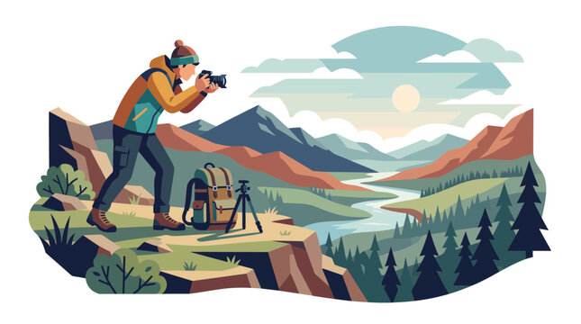 A professional photographer taking pictures of a beautiful mountain landscape at sunrise.