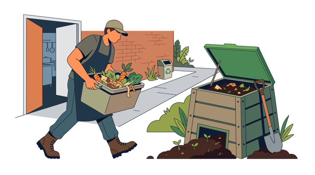 A man carrying a bucket of food scraps to a backyard compost bin.