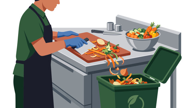 A chef in a kitchen scraping vegetable scraps into a compost bin.