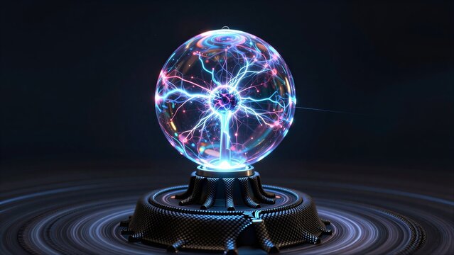 Glowing plasma sphere emits vibrant blue and pink electric sparks against a dark background.