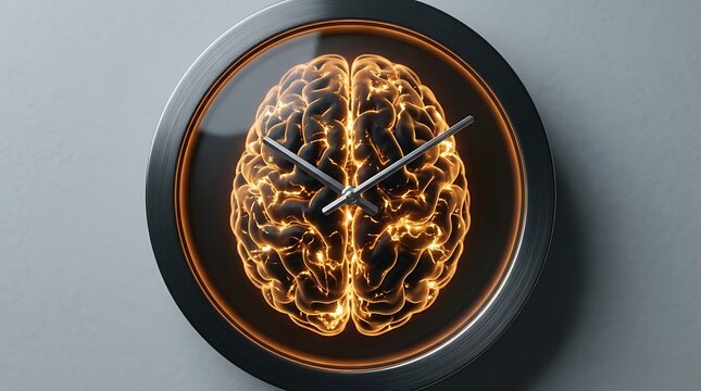 Clock with glowing human brain and neural activity